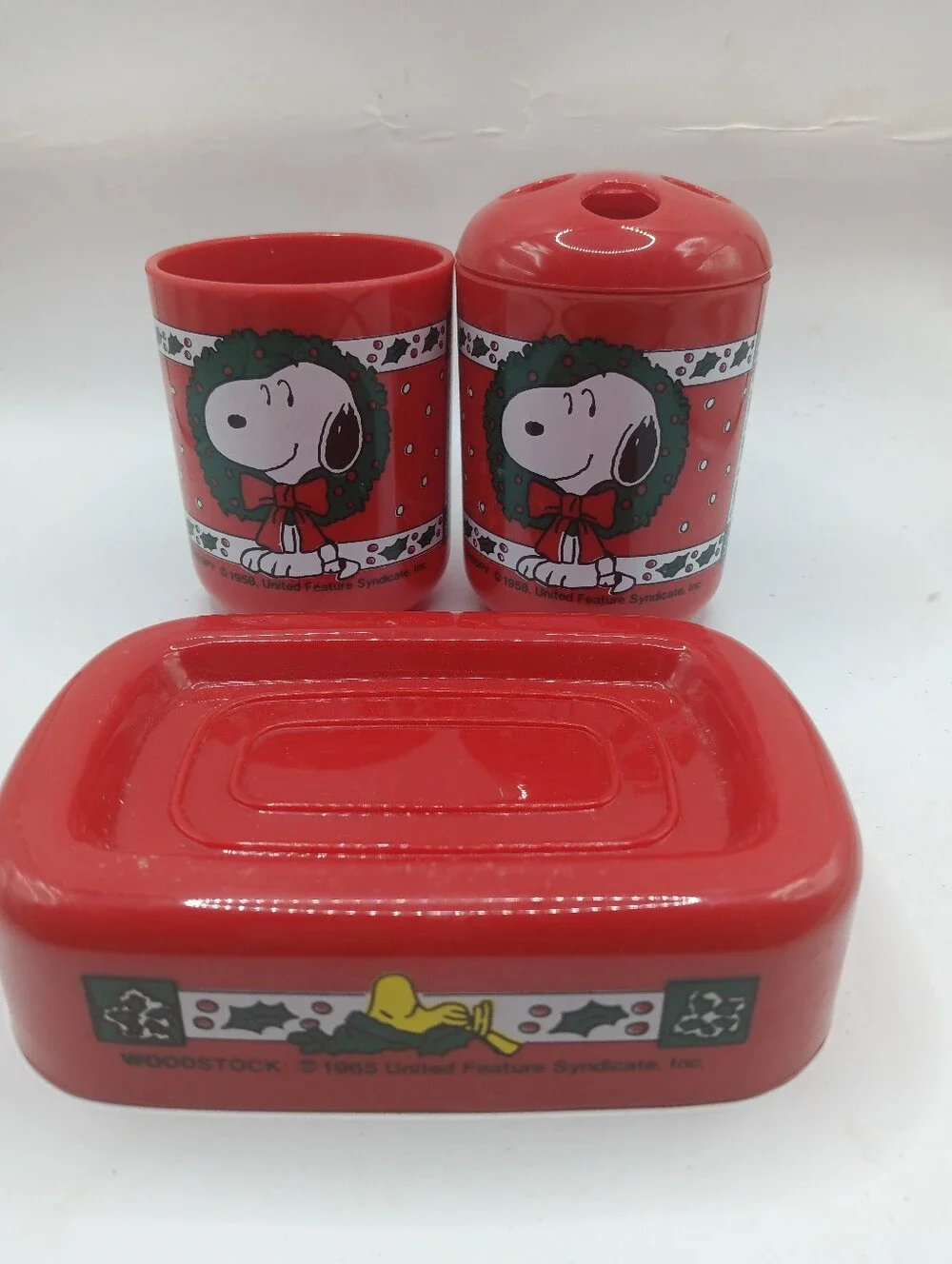 Vtg Peanut Snoopy Christmas 3 Piece Bath Set